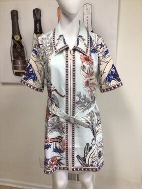 Dalia MacPhee Floral Print Short Sleeve Belted Dress - Light Blue, Navy, Coral